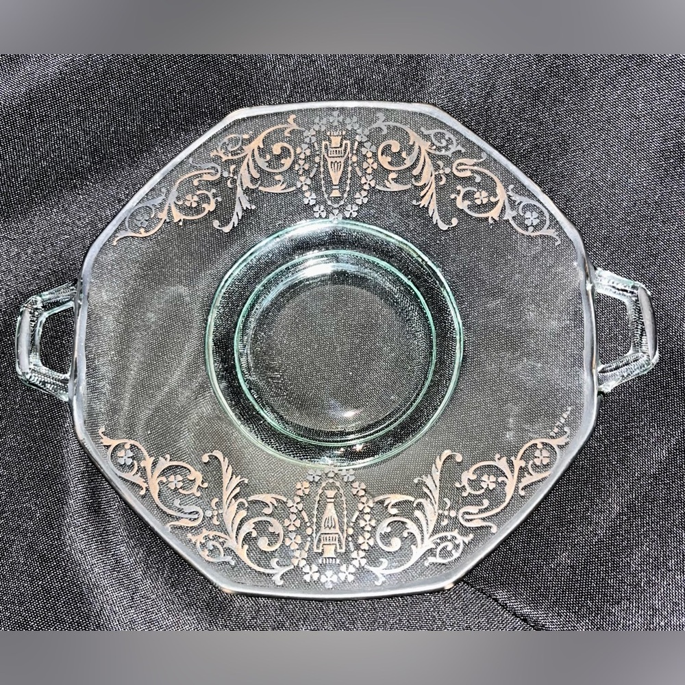 VTG 1920-1940 Octagonal 8" Glass Platter Sterling Silver Floral Overlay Art Deco
